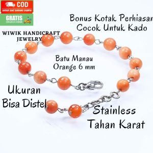 Gelang Tangan Wanita Stainless Tahan Karat & Batu Beads Manau Orange 6 mm: Kado Hadiah Terbaru