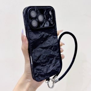 Luxury Velvet Soft Lanyard Case For iPhone 18 17 13 Pro Max 16 15 14 Plus Snow Mountain Texture Glass Lens Wrist Strap Cover