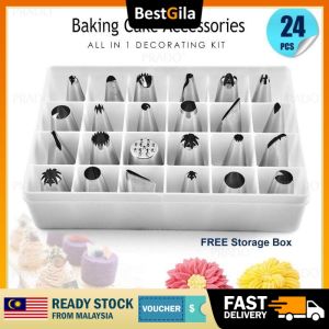 BestGila Malaysia 24pcs Professional Stainless Steel Rust-Free Cake Decoration Tips Piping Dispenser Nozzle Kit for Cakes Cupcakes Cookies Pastry Bakeware