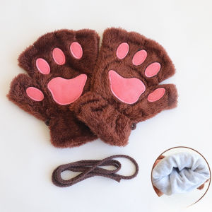 Women Cartoon Cat Claw Gloves Plush Lovely Style Bear Paw Exposed Fingers Warm Mittens Girls Surprise Gift