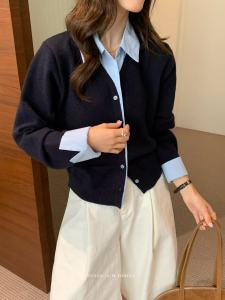 Áo khoác cardigan dệt kim giả hai lớp phối tay áo sơ mi phong cách mới đầu thu 2026 áo khoác ngoài đa năng dành cho nữ