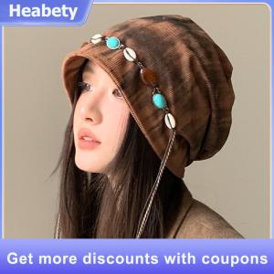 【Heabety】 Womens Autumn Winter Loose Fit Turban Hat Ethnic Tie-Dye Headwrap Beanie With Beaded Tassel Decor