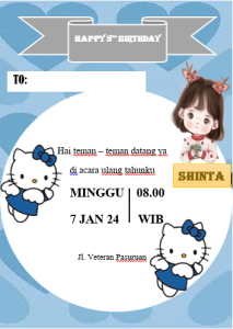 Paket Undangan Ulang Tahun Anak Gambar Hello Kitty Satu Sisi