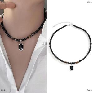 [COD] Buin Black Beads With Square Pendant Necklace For Men Trendy Accessories Jewelry Male Gift Decoration
