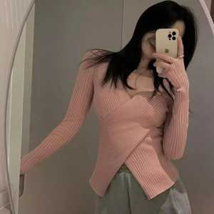 Blus Rajut V-Neck Elegan Lengan Panjang dengan Potongan Pita