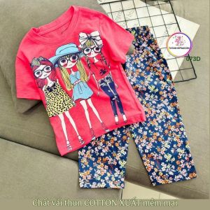 12 đến 40kg Bộ tay ngắn quần dài bé gái in hoạt hình chất cotton đẹp 073