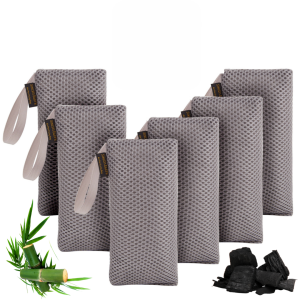 Premium Bamboo Charcoal Air Purifying Bags | Reusable Odor & Moisture Absorber with S Hooks for Home Car & Closet