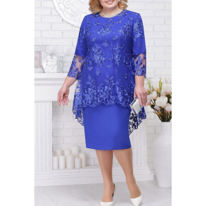 (Shipped From Manila + COD) M-5XL Plus Size Lace Embroidery Two-Piece Dress | 3/4 Sleeve Asymmetrical Hem | Ideal for Ninang Wedding Guest Church Valentines Day & Formal Evening | Multi-Color