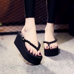 Free Shipping WomenS Thick-Soled High-Heeled Flip-Flops Korean-Style Outdoor Sandals Pearl-Embellished Beach Shoes For Seaside Vacations