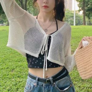 OKKFINE Hollow Out Knitted Cardigan Long Sleeve Thin Outwear V-Neck Sun-Proof Tops Women