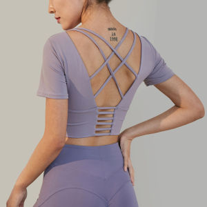 ค่าเฉลี่ยพีชCrop TopโยคะSkinnyเบาะออกกําลังกายแขนสั้นเสื้อยืดออกกําลังกายสวมสบายATH