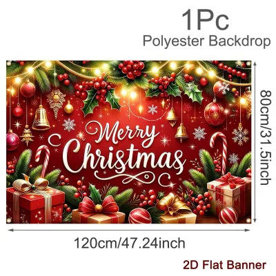 Large Merry Christmas Backdrop Banner Red Pine Garland Xmas Ball Polyester Background Cloth Xmas Holiday Party Family Photo Booth Props Happy New Year Christmas Home Decor