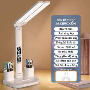Đèn bàn học bảo vệ mắt ánh sáng 3 màu có thể tăng giảm độ sáng dung lượng pin 3200mA tích hợp đồng hồ xem giờ hiển thị nhiệt độ ngày tháng