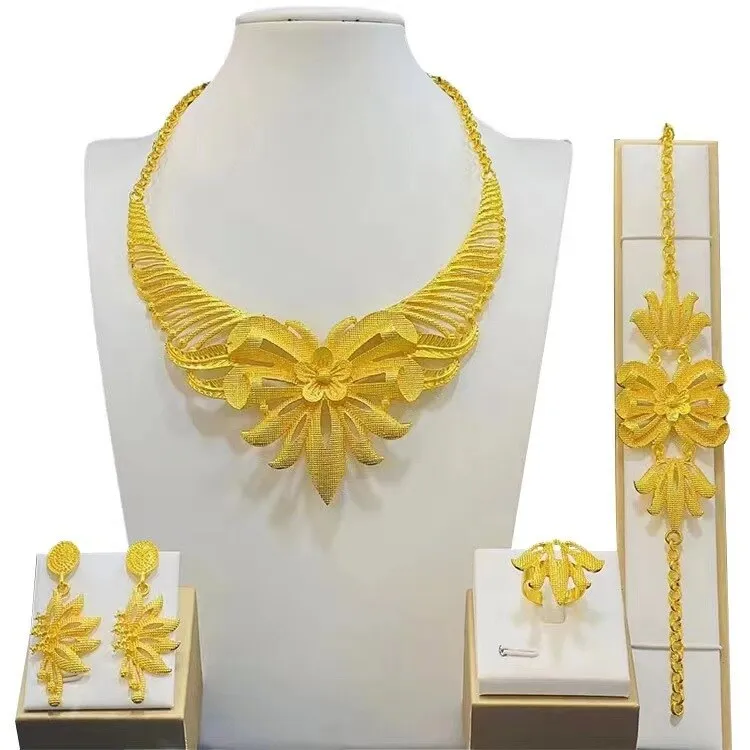 Yu 24k Gold Jewelry Set Arabian Dubai Bridal Necklace Bracelet Earrings  Ring Piece Set Wedding Jewelry
