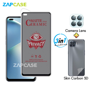 Paket 3in1 Anti Gores Layar Privasi Oppo Reno 4F Free Tempered Glass Camera dan Skin Carbon