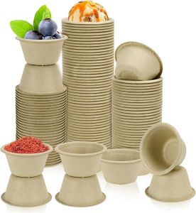 100 Pack Natural Bagasse Fiber Bowls 2oz Paper Cups Microwavable Safe Sample Snack Charcuterie Serving Cups for Sauce Portion Condiment Ice Cream Food Desserts