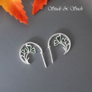 [Studs & Such] 925 Silver Ginkgo Leaf J-Hoop Stud Earrings With Dark Green Epoxy