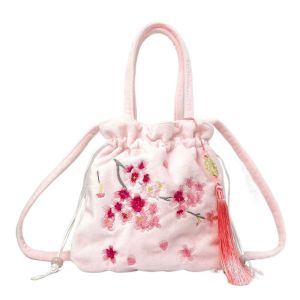 YUNAFIN Thủ công Túi dây rút thêu hoa Tay cầm trên Da lộn Túi xô nhỏ Thêu Tô Châu Trung Quốc Phong cách dân tộc Túi trang sức Phụ nữ