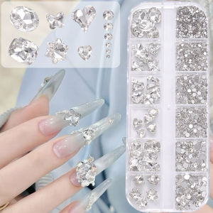 ZEEMIN 12Grids 3D Shiny Clear Glass Rhinestones Nail Charms 6-10mm Mixed Shaped K9 Crystal Nail Jewelry Luxury Gems Crafts Manicure Dec