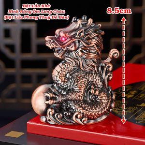 HỘP QUẸT BẬT LỬA GA KHÒ HINH RỒNG ÔM LONG CHÂU MẮT ĐỎ KIM LOẠI FULLBOX