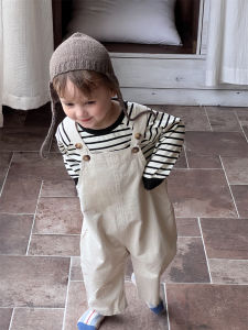 Baby spring clothes 2026 Spring new Korean-style childrens clothing boys striped sweatshirt and overalls set for kids