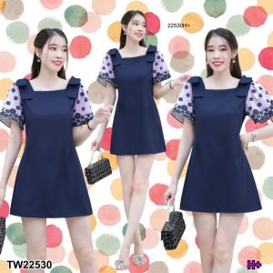 TW22530 10Dee Dress เดรสโบว์ไหล่ แขนพิมพ์ลาย