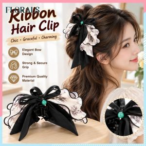 New Chinese Style Ink Painting Bow Shark Hair Clip Jade Pendant Ribbon Elegant Half Up Bun Lady Hair Accessory