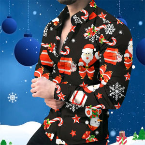 Christmas 3D Printed Santa Claus Shirt Mens Autumn Long Sleeve Shirt Winter Mens Funny Shirt New Years Gift Extra Large 6XL