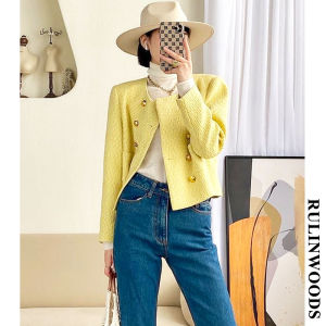RULINWOODS Áo khoác dệt kim màu vàng thời trang nữ của Pháp
