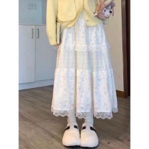 IELGY Lace patchwork cake skirt womens Korean style mid-length skirt