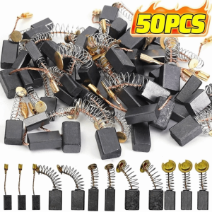 NOBLELYN 50Pcs 5 Models Power Tool Carbon Brushes Heavy-Duty with Metal Base Electric Motor Carbon Brushes Durable Carbon Brush Replacement Kit for Drill Sander Grinder Motor Durable Repair Parts Kit