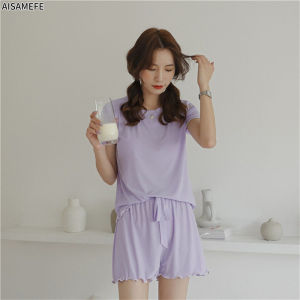 AISAMEFE Bộ Đồ Ngủ Nữ Bộ Đồ Quần Ngắn Tay Mùa Hè Quần Áo Mặc Nhà Kẻ Sọc Hoạt Hình Gấu Da Báo Dáng Rộng 3 Món