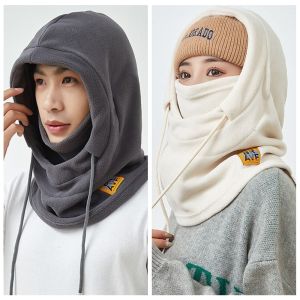 YOUTH HOME Solid Color Fleece Balaclava Hat Windproof Drawstring  Hood Beanies Fashion Face Cover Helmet Hat Autumn