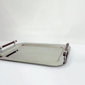 xpkQ Metal Decorative Tray Wooden Handle Flat-bottomed Stainless Steel Trays Living Room Simplicity Elegance Tray Home Organization 5B8Q6