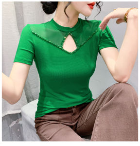 YIMEI เสื้อปักลูกปัดกลวงคอกลมใหม่สำหรับฤดูร้อน2023เสื้อแขนสั้นเสื้อยืดผ้าตาข่ายสีม่วงเข้ารูปพอดีแฟชั่นของผู้หญิงสวยงาม