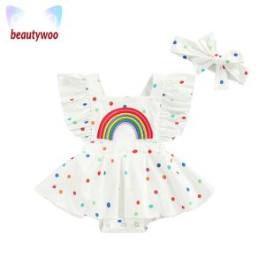 Beautywoo]0-24เมตร2ชิ้นทารกแรกเกิดเด็กวัยหัดเดินฤดูร้อนลายจุดสีรุ้งเย็บปักถักร้อยพิมพ์ชุดเอี๊ยม A-Line Romper + โบว์ผ้าโพกศีรษะ