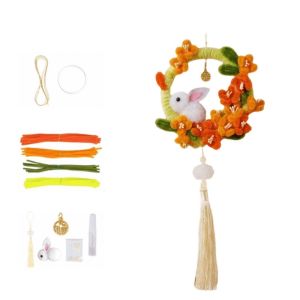 LUNARA Yutu Shape Cartoon Rabbit Wreath Pendant Unfinished Round Wreath Mid-Autumn Festival Pendant Art Supplies Handmade Wreath DIY Material Package Home Decoration
