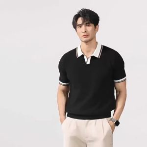 Spring Summer American V-Neck Polo Shirt Old Money Style Knitted Lapel Short Sleeve T-Shirt