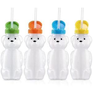 230ml Bear Straw Cup With Flexible Straw Bear Juice Bottle Reusable Kids Cartoon Party Cups 8 Oz Sippy Bottles