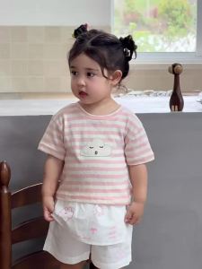 Baby girl summer outfit lightweight childrens clothing for summer 2026 New Korean-style childrens clothing with stripes T T shirt