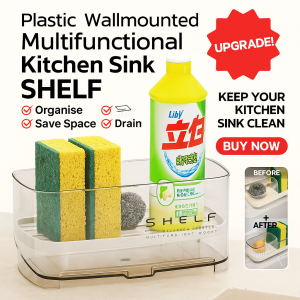 Wallmounted plastic shelf with drainage shelf faucet holder