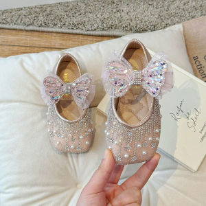 Bayi Perempuan Ikatan Simpul Kasut Tunggal Kristal Mutiara Musim Bunga Musim Bunga Kasut Puteri Berlian Buatan Perempuan Baharu Kaki Persegi Kasut Kulit Kecil