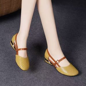 [Free Shipping] Baotou Sandals New Summer Soft Leather Mom Shoes Round Toe Mid-Heel Soft Sole Non-Slip Hollow Breathable Retro Womens Sandals