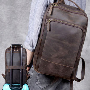 FANCODI Vintage Crazy Horse Leather Backpack Leisure Large Capacity Travel Bag High Quality Genuine Leather Back Pack Mens Cowhide Leather Laptop Backpacks School Bag M802