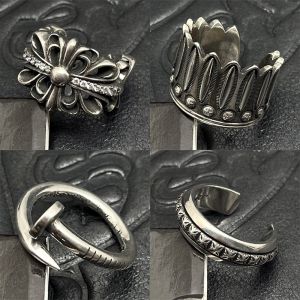 S925 Silver Open Cross Flower Ring Retro Non-fading Niche Sense of Middle-aged Mens Ring