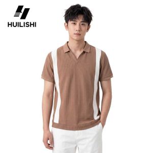 HUILISHI Men Color Block Side Striped Ribbed Knit Polo Shirts V Lapel Collar Breathable Stretch Light Business Short Sleeve Top