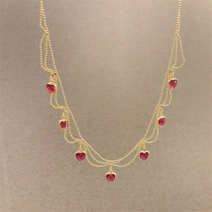สร้อยคอหัวใจเซอร์โคเนียมรกตวินเทจ YOUNGX สร้อยคอชุบทองคำแท้หรูหราหลายชั้น คริสตัลสีแดงเขียวสำหรับผู้หญิง ของขวัญเครื่องประดับ