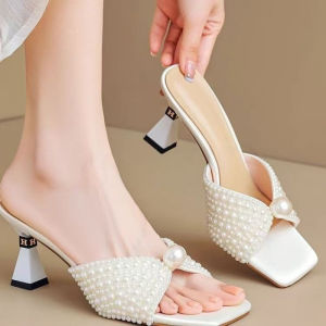 [Free Shipping] 2026 New Stylish And Versatile Pearl-Embellished Mid-Heel Stiletto Open-Toe Sandals For Everyday Wear