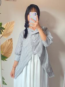 Kemeja wanita crop oversize lengan panjang / Atasan wanita stripe blouse korean style