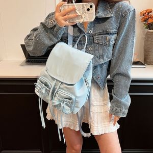FUTUI โบว์น๊อต กระเป๋าเป้สะพายหลังเชือกรูด สไตล์เกาหลีแบบ สไตล์บัลเลต์ กระเป๋าสะพายไหล่มีโบว์ หวานหวานแหววว กระเป๋าทรงถัง ถุงไนลอน สำหรับผู้หญิง